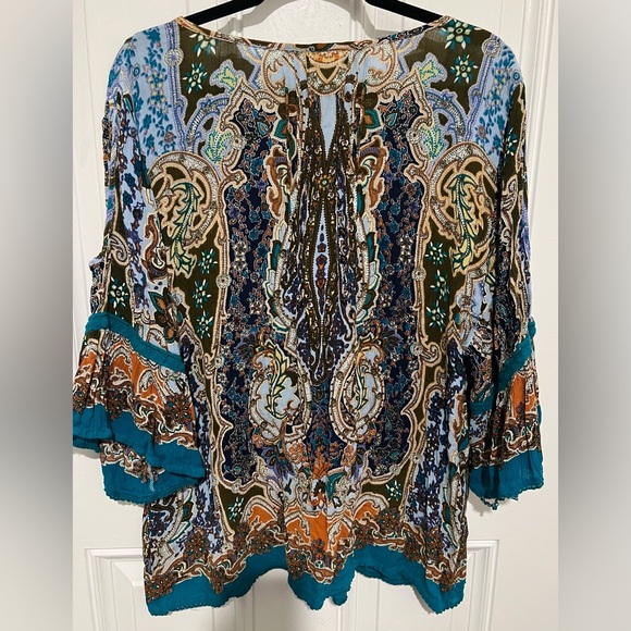 Bila Womens Teal Boho Cold Shoulder Crinkle Blouse with Paisley Print size XL - Picture 14 of 15